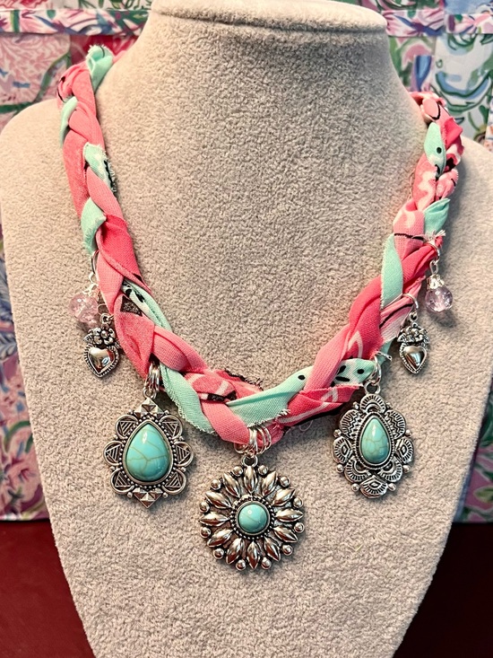 Jewelry - Flirty Boho Braided Pink & Mint Bandana Turquoise Pendant Necklace, 30”